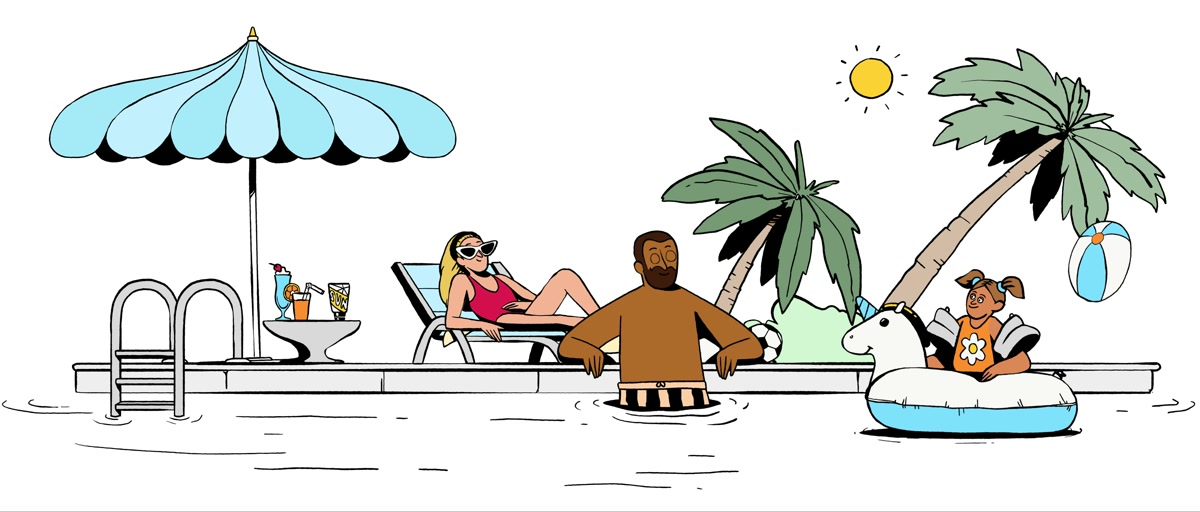 Illustrated trivago characters relaxing by the pool.