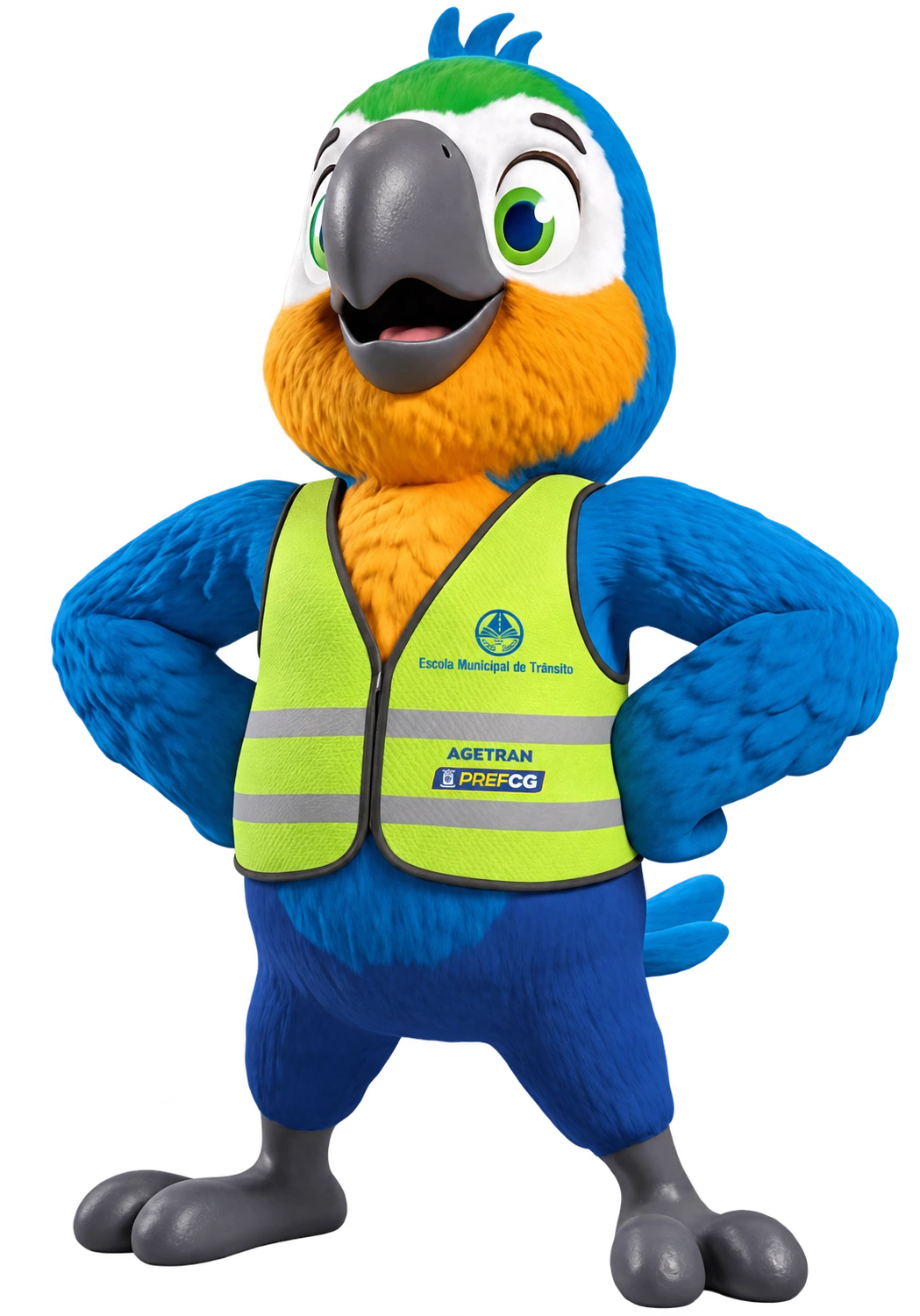 Canindé, AGETRAN’s blue-and-yellow macaw in a reflective safety vest, with his hands on his hips.