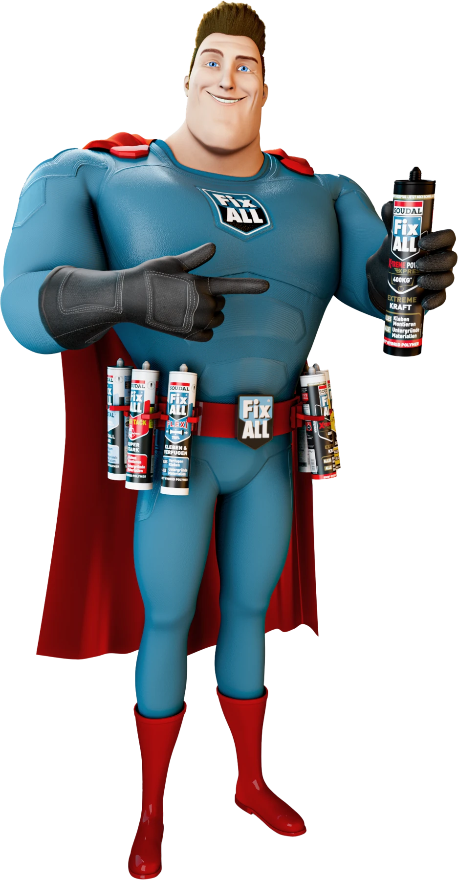 Updated Fix ALL Hero with a blue textured suit, red cape and belt of Soudal products, holding and pointing to a product.
