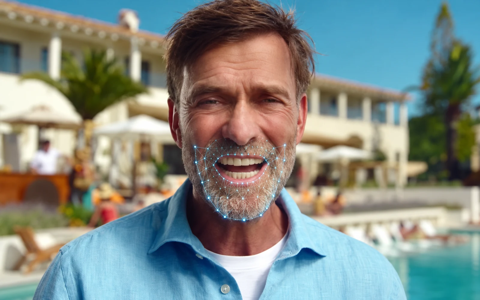 Close-up of the Expert Analysis actor by the pool, with a lip-sync tracking mesh over his mouth.