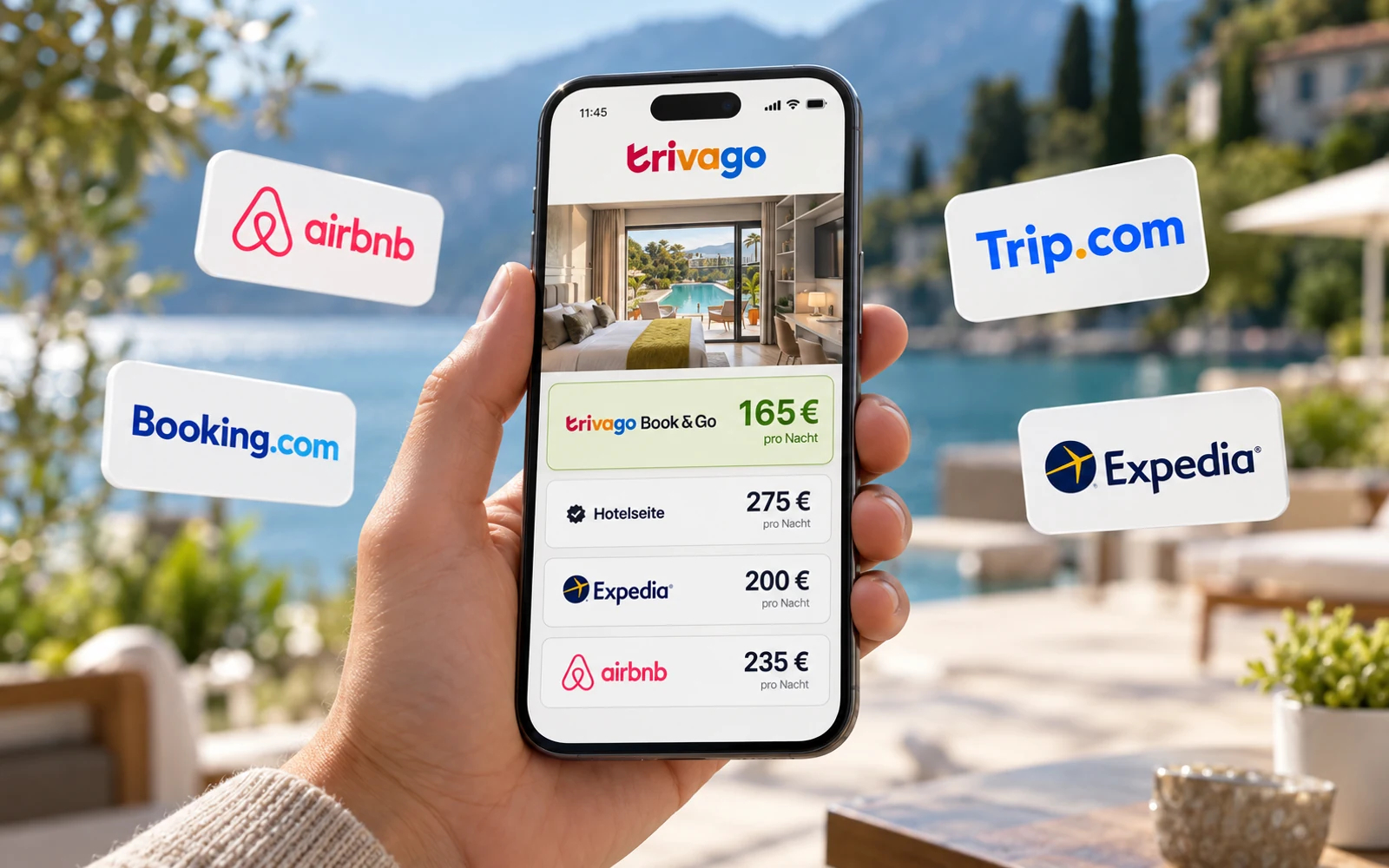 A hand-held phone showing trivago hotel offers, surrounded by floating travel-provider logos.