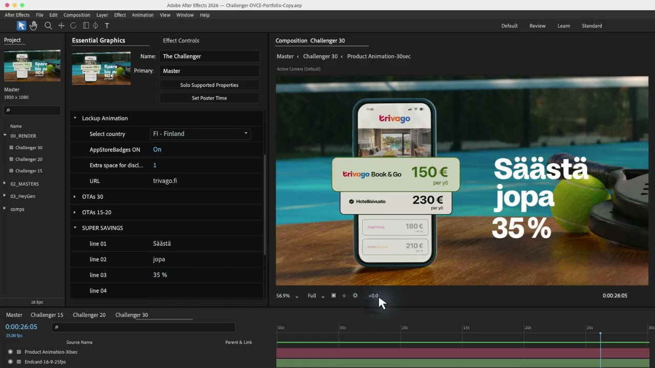 Challenger project in the complete After Effects interface