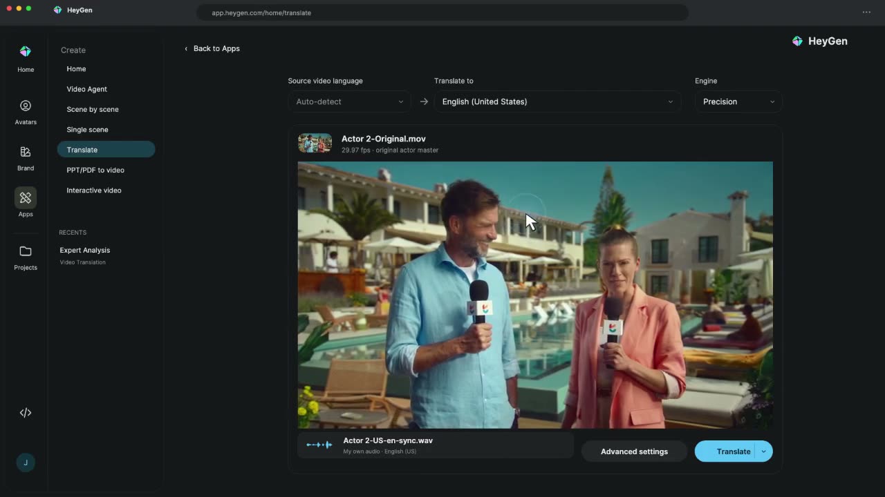 HeyGen interface with the original performance and language selection